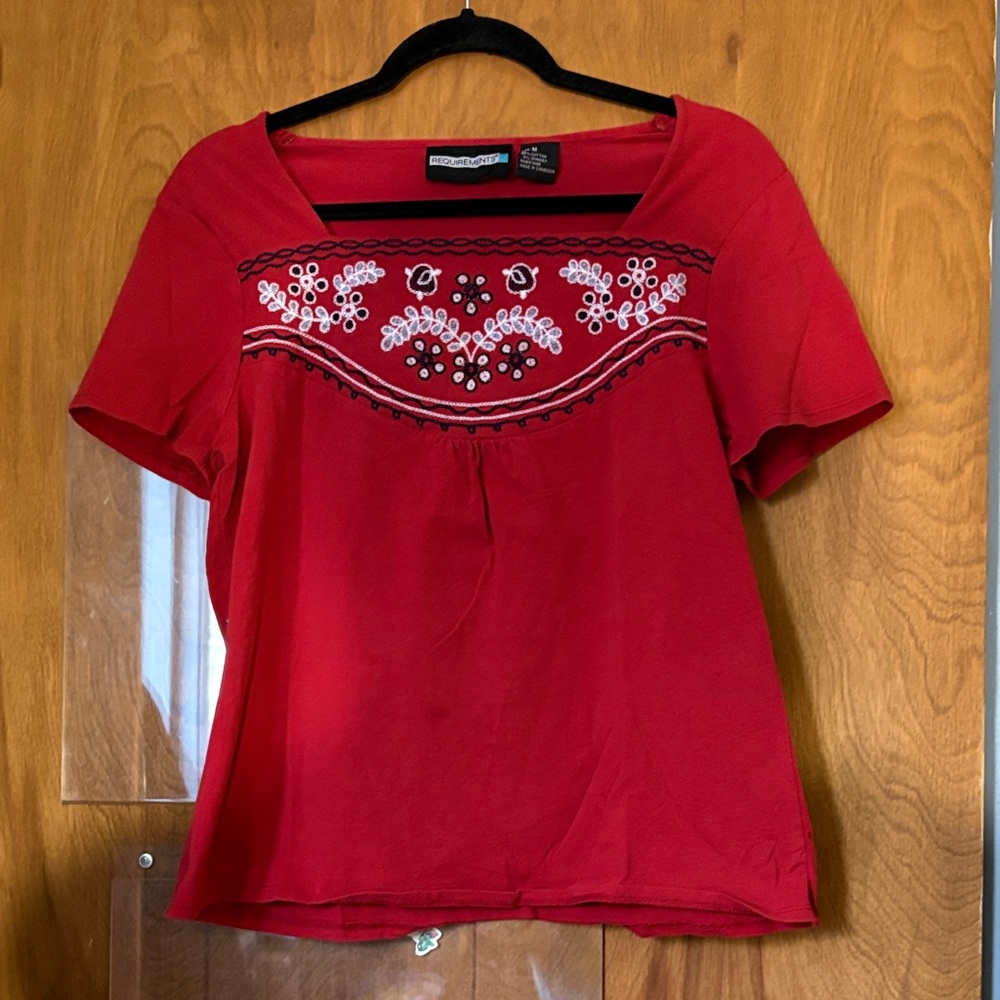 Requirements Red Floral Embroidered Women's Top